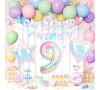 9th Birthday Decorations Girl, On Cloud Nine Banner 9th Party Decoration Set, Macaron Pastel Balloons, Number 9 Balloon, Heart Foil Balloon, Pastel Birthday Decorations for 9 Years Girls Party Deco