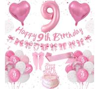 9th Birthday Decorations Girls, Pink Birthday Decoration Set Happy 9th Birthday Banner Bunting, Bow Pink White Balloons, Number 9 Heart Foilballoons, Hair Clips, Sash, Pink Bow Party Deco 9 Girls