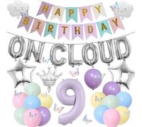 9th Birthday Decorations Girls Set - 42 Pcs Silver On Cloud 9 Happy Bday Banner With Colorful Number 9 Crown Foil Balloon Cake Topper Pastel Deocr For 9 Year Old Party Supplies