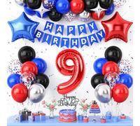 9th Birthday Decorations Red Black Blue,9th Party Balloons for Boys Kids Number 9 Balloon Star Foil Balloons Banner Cake Topper Kids Theme Birthday Party Decor