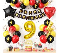 9th Birthday Decorations Red Black Yellow,9th Cartoon Birthday Balloon for Kids Printed Number 9 Balloons Banner Cake Topper Boy Girls Birthday Party Decor