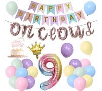 9th Birthday Decorations Set Girls - 25 Pcs Pastel On Cloud 9 Happy Bday Banner With Colorful Number 9 Crown Foil Balloon Cake Topper Deocr for 9 Year Old Party Supplies