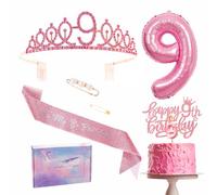 9th Birthday Decorations Set - Pink 9th Birthday Sash and Tiara Party Crown, Cake Topper and Candles, Number 9 Foil Balloons, Party Supplies, 9th Year Old Gifts for Girl
