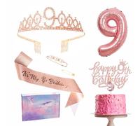 9th Birthday Decorations Set Rose Gold 9th Birthday Sash and Tiara Party Crown, Cake Topper and Candles, Foil 9 Number Balloons, Party Supplies, 9th Year Old Gifts for Girl