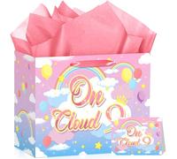 9th Birthday Gift Bag On Cloud 9 Birthday Decorations On Cloud 9 Gift Wrapping Paper Bag with Tissue Paper and Greeting Card for Baby Girl Sweet 9 Year Old Party Favors Supplies