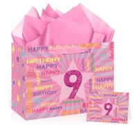 9th Birthday Gift Bag with Card & 3 Sheets Pink Tissue Paper, Glitter Pink Number 9 Star Present Bag for Girls, Large Luxury Happy Birthday Wrap for Daughter Granddaughter 9 Years Old