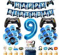 9th Birthday Party Decorations Boys - 33pcs Blue Gaming Birthday Decorations Including Game Controller Foil Balloons Number 9 Balloon Happy Birthday Banner Level Up Cupcake Toppers for Kids Supplies