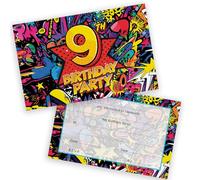 9th Birthday Party Invitations Kids - Comic Book Style 20 Pack - Childrens Birthday Invitations for Boys/Girls A6 Bday Party Invites Invitation Cards with Folding Envelopes