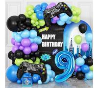 9th Birthday Video Game Balloons Arch,9th Party Balloons Garland Kit | 9th Video Game Birthday Supplies with Blue Number 9 Balloon Game Foil Balloons for 9 Year Old Teens Boys Decor