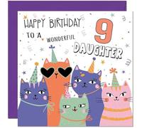 9th Daughter Birthday Card - Childrens Cute Cat Daughters Birthday Card for 9 Year old Kids Nine, Ninth
