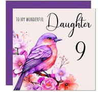 9th Daughter Birthday Card - Purple Watercolour Bird Daughters Birthday Card for 9 Year old Kids Nine, Ninth
