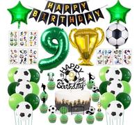 9th Football Birthday Party Decorations Set, Green Number 9 Foil Balloon,Football Foil Balloons Latex Balloon, Stickers, Happy Birthday Banners Soccer Birthdays Cake Toppers Gift for Kids Boys