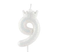 9th Glitter White Crown Birthday Candles, Classic White Birthday Number Candle for Cake Topper Decorations Girls Wedding Anniversary Celebration Happy Party Supplies