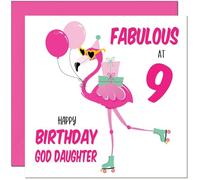 9th God Daughter Birthday Card - Fabulous Flamingo - Pink Cute God-Daughters Birthday Card for 9 Year old Kids Nine, Ninth