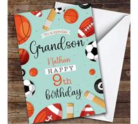 9th Grandson Sports Football Rugby Cricket Balls Boys Personalised Birthday Card - Personalised Birthday Greeting Card for Kids, Custom Birthday Card