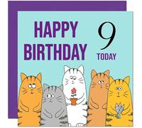 9th Happy Birthday Card - Cute Cats Birthday Card for 9 Year old Kids Nine, Ninth