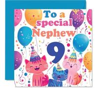 9th Nephew Birthday Card - Cute Cats Special Nephew - Happy 9th Birthday Card from Auntie Uncle, 145mm Age 9 Greeting Cards