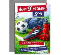 9th Son Football Birthday Card - Age 9 Red and Blue Football design - A5 Size Card with Grey Envelope, Made in UK