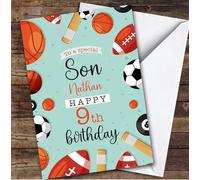 9th Son Sports Football Rugby Cricket Balls Boys Personalised Birthday Card - Personalised Birthday Card For 9th Birthday, Custom Birthday Card