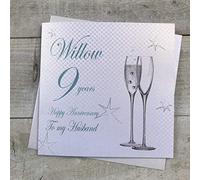 9th Willow Wedding Anniversary To my Husband Handmade Card - Champagne Flutes - by WHITE COTTON CARDS BD109-H