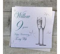 9th Willow Wedding Anniversary To my Wife Handmade Card - Champagne Flutes - by WHITE COTTON CARDS BD109-W