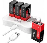 9V 850mAh Rechargeable Batteries and Charger,Kratax 9V PP3 Lithium-ion Batteries,Low Self-Discharge High-Energy Battery with 600 Cycles,[4 Pack Batteries +1Pack Charger]