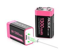 9V Rechargeable Batteries, 1300mAh High Capacity Lithium-ion Long Lasting 9 Volt Square Batteries with 2 in 1 USB-C Fast Charging Cable (Pack of 2)