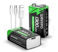 9V Rechargeable Batteries,1300mAh Lithium Batteries USB-C Charge with 2 in 1 Charging Cable for Smoke Detectors, Alarms, Microphone, Electronic Toys, Medical Devices etc (2 Pack)