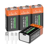 9V Rechargeable Battery, 9V Lithium Batteries,3800mWh High Capacity Rechargeable 9 Volt Square Batteries with 2 in 1 USB-C Fast Charging Cable (4 Pack)