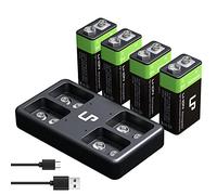 9V Rechargeable Battery Charger Pack, LP 4-Pack 600mAh 9 Volt Li-ion Batteries & 4-Bay Battery Charger for Alarms, Wireless Microphones, Smoke Detectors, Toys, Flashlights, Guitar, Keyboard & More
