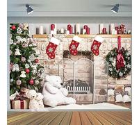 9x6FT Christmas Backdrop Christmas Fireplace White Brick Bear Xmas Tree Gift Photography Background Family Winter Holiday Christmas New Year Birthday Party Decorations Banner Photo Booth Props