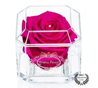 A 100% Real Rose That Lasts Years - Eternal Petals, Handmade in UK - White Gold Solo with A Clear Crystal (Hot Pink)