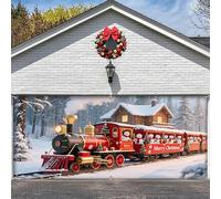 A, 13 x 6 ft/4 x 1.8 m, Christmas Garage Door Banner - Festive Train with Christmas Tree, Gifts & Snow Scene - Large Waterproof Outdoor Cover, Reusable Christmas Background for Home