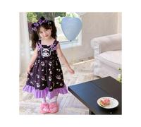 (A, 130weight 20-25kg) Sanrio Girl Dress Kuromi Kawaii kids Princess Dress Bow Summer Cartoon Anime Suspender Dress Floral Print Mid Length Skirt New