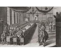 A 17th century banquet. This official dinner celebrated the signing of the Peace of Westphalia on September 25, 1649. It was held in Nuremberg, Germany. A queue of waiters on the right is bringing
