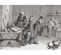 A 17th century European doctor examines a flask of urine from an elderly female patient. After a 17th century print by Quirin Boel after the painting by David Teniers. Poster Print by Ken Welsh (17 x