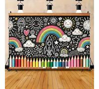 A 2D background banner with a rainbow and clouds drawn on the board with colored pencils and polyester background fabric 350x240CM