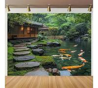 A 2D flat design featuring a serene Japanese garden vinyl banner, a stone path and a koi pond, for home decoration 200x140CM