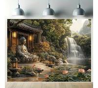 A 2D flat vinyl banner for a serene statue garden - waterfall, lotus and statue scenes, home decoration 440x300CM