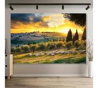 A 2D sunset banner in the ancient city designed for the dome of the flock on the Mount of Olives