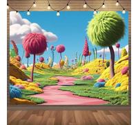 A 2D whimsical fairy tale path banner - vibrant green and yellow trees winding paths and soft flower designs