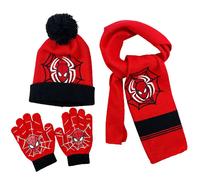 (A) 3-8 Years Kids Spiderman Winter Beanie Hat Pompom Knitted Hat Scarf Gloves Set Gifts