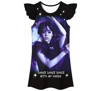 (A, 5-6 Years) Wednesday Addams Casual Dress Girls Kids Cosplay Costume Flutter Sleeve Nightdress Sleepwear Halloween Party Dress Up