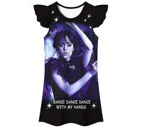 (A, 5-6Years) Wednesday Addams Print Kids Girls Party Dress Flutter Sleeve Summer Casual T-shirt Dress