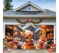 A, 6.5 x 5 ft/2 x 1.5 m, Christmas Garage Door Banner - Large Christmas Decoration for Outdoor, Cute Mouse Family with Gifts, Winter Snow Scene, Party & Garden Decoration, Waterproof