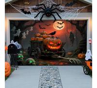 A, 6.5 x 5 ft/2 x 1.5 m, Terrible Halloween Garage Door Cover - Scary Skull, Pumpkins, Spiders, Scarecrows, Ghosts & Haunted Cemetery Scene - Outdoor Decoration for Holidays