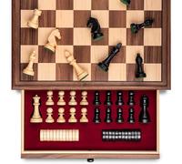 A&A 15 inch Walnut Wooden Chess Set with Storage Drawer, Triple Weighted Pieces, 3.0 inch King Height, Walnut & Maple Inlay, 2 Extra Queen, Classic 2 in 1 Chess and Checkers Board Game