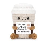 A AIFAMY Funny Positive Coffee, Emotional Crochet Doll, Cute Crochet Potato Partner Toy with Positive Card Cheer Up Funny Gag Gifts for Best Friend Birthday Women Teacher Fall（Coffee