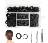 A AIKOOL 300 Pcs Hair Pins for Women: 150 Pcs Bobby Pins & U-Pins, 150 Pcs Hair Ties in Clear Portable Box - Metal Hair Jewelry Kit for Women, Girls, All Hair Types (Black)