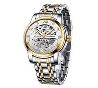 A ALPS Mens Watch Skeleton Luxury Mechanical Stainless Steel Waterproof Black Automatic Self-Winding Roman Numerals Diamond Dial Wrist Watch, Gold White.Silver Movement, Automatic